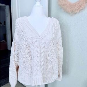 POL Cream V-Neck Cable Knit Sweater